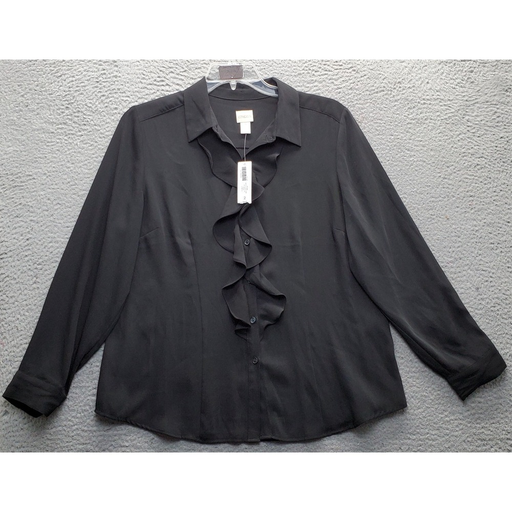 Chico's Shirt Womens Large Black Lightweight Long Sleeve Ruffle Button Front